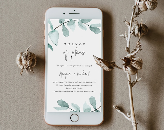 Change of Plans Announcement, Postponed Wedding Date, Digital, Social Media, Text Message, 100% Editable, INSTANT DOWNLOAD 049-103PA