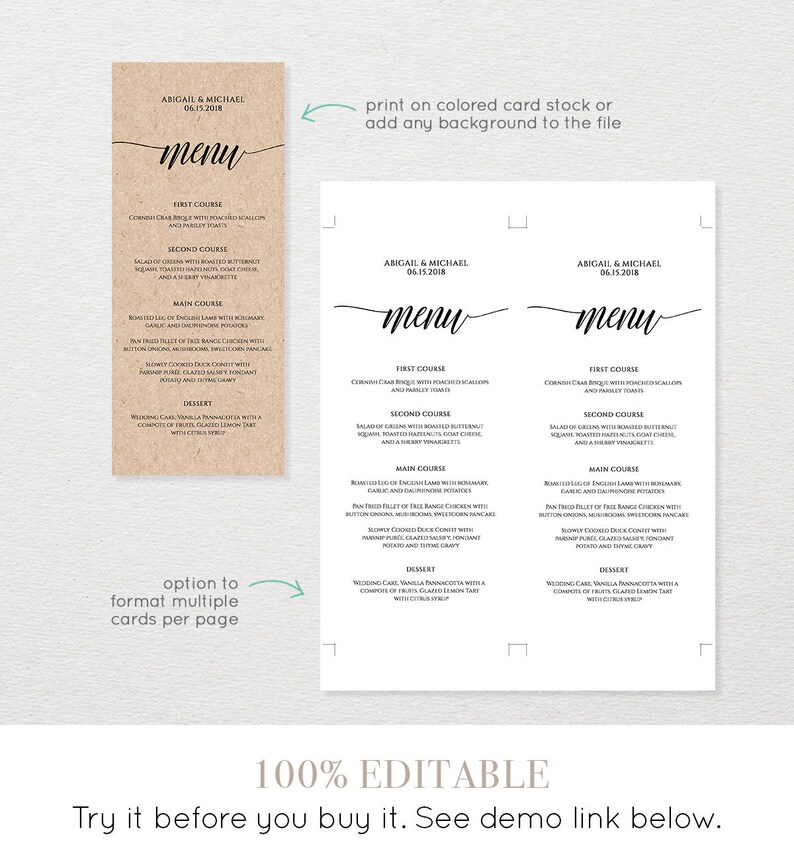 Menu Card Template, Rustic Dinner Menu, Wedding Menu Card Printable, Fully Editable Template, Instant Download, DIY, Templett 020-101WM image 2