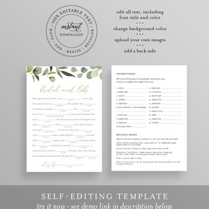 May include: Printable bridal shower game with a green leafy design. The game is called "Bridal Mad Libs" and includes instructions and a list of words to fill in the blanks.