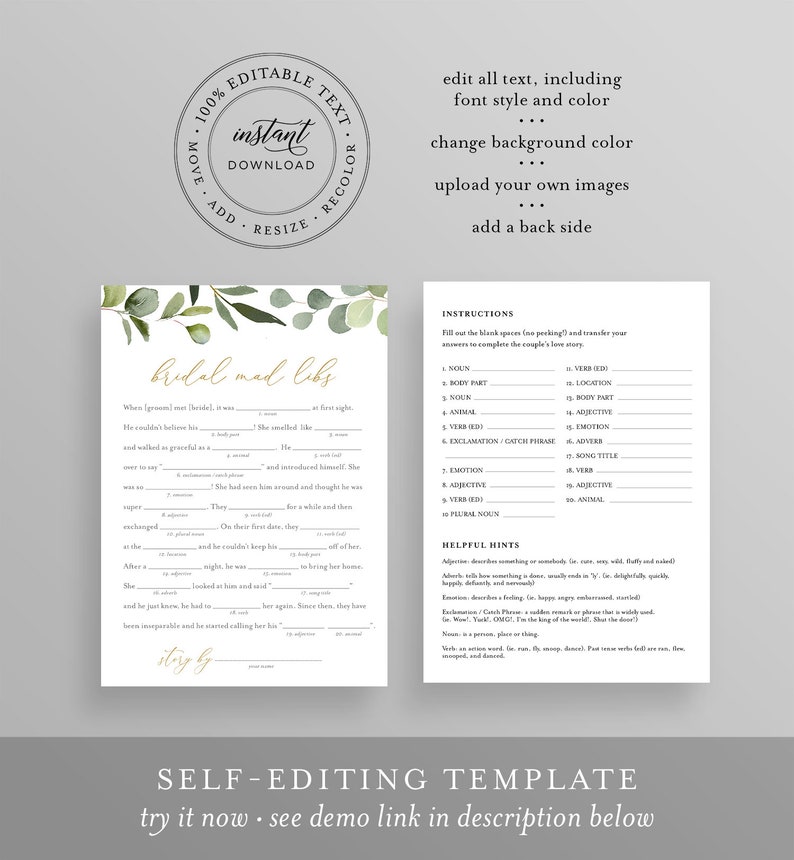 May include: Printable bridal shower game with a green leafy design. The game is called "Bridal Mad Libs" and includes instructions and a list of words to fill in the blanks.