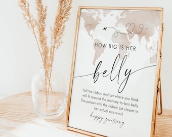 Adventure How Big Is Her Belly Game, Travel Theme Baby Shower Sign, Ribbon Game, World Map, Printable, Instant, Templett, 8x10 #0039-22BAG