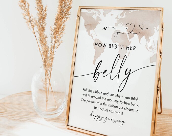 Adventure How Big Is Her Belly Game, Travel Theme Baby Shower Sign, Ribbon Game, World Map, Printable, Instant, Templett, 8x10 #0039-22BAG