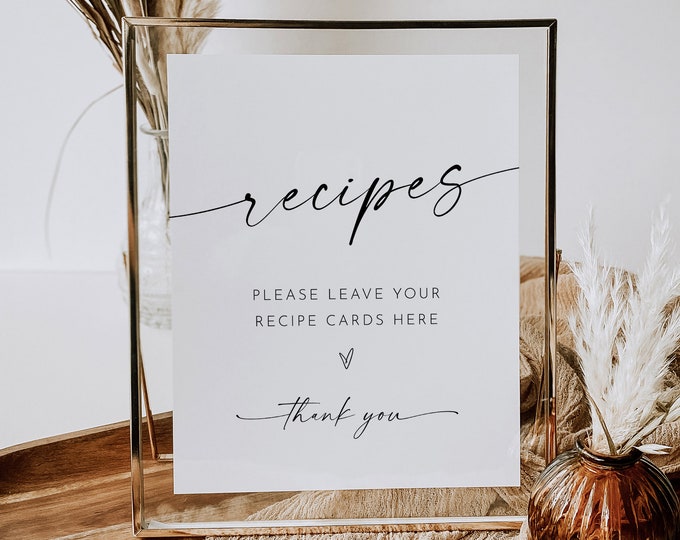 Recipe Card Sign, Leave Your Recipe Cards Here, Minimalist Bridal Shower, Editable Template, Instant Download, Templett, 8x10 #0034W-83S