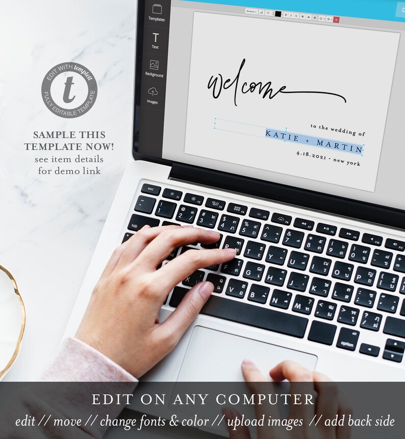 May include: A laptop computer screen displaying a wedding invitation template with the text "Welcome to the wedding of Katie + Martin 4.18.2021 - New York". The screen is being edited using a program with tools for text, background, and images.