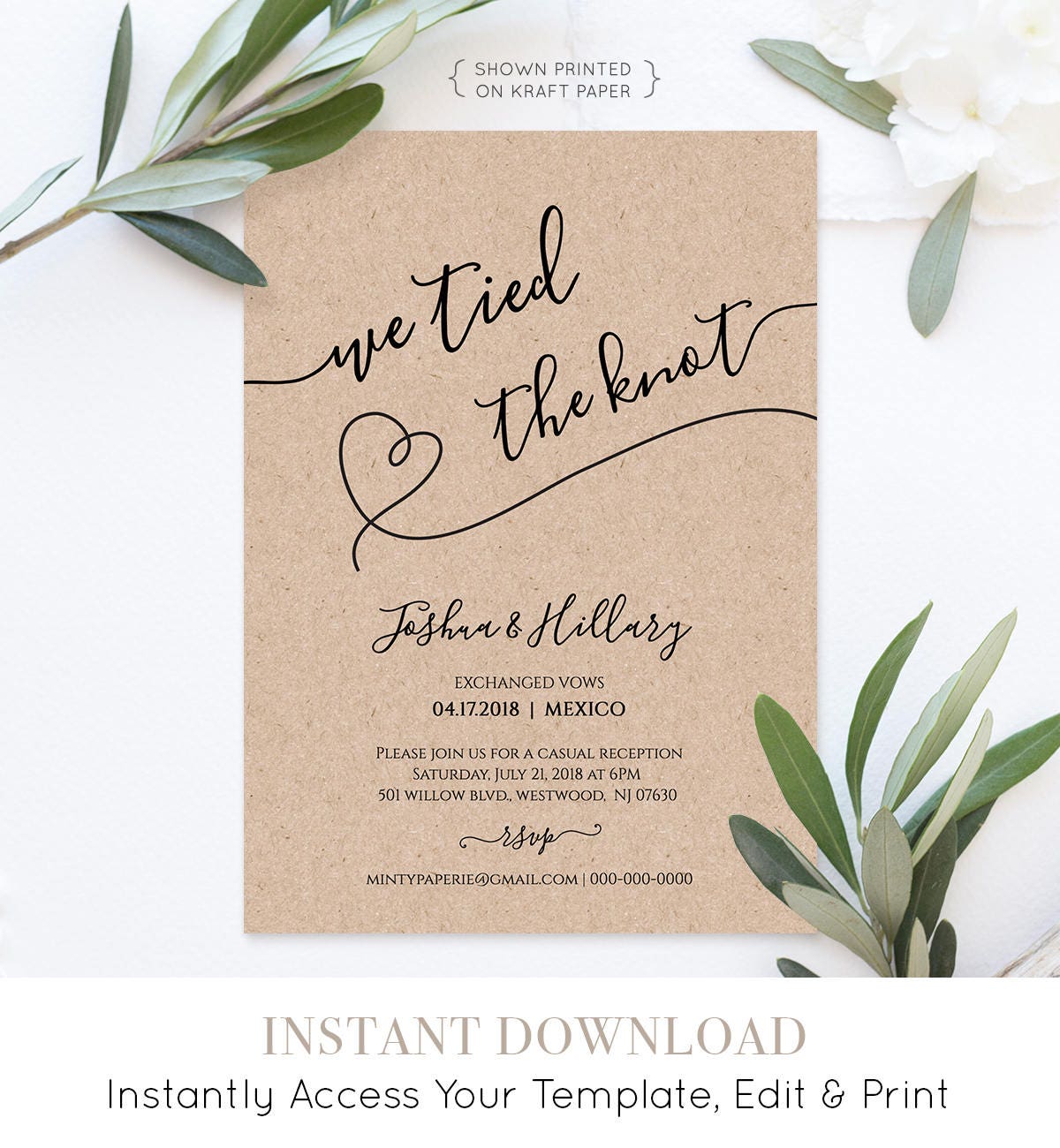 Printable Elope Announcement We Tied the Knot Rustic Heart | Etsy