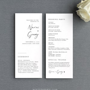 Puede incluir: Programa de ceremonia de boda con un dise&ntilde;o sencillo que presenta los nombres Narmi y George en letra cursiva. El programa incluye la fiesta de bodas, los detalles de la ceremonia y una secci&oacute;n de agradecimiento especial.