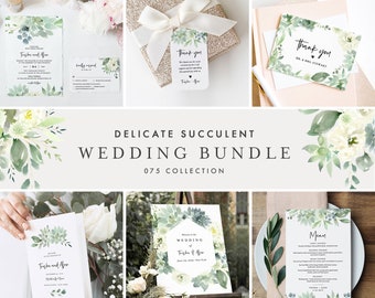 Delicate Succulent Wedding Bundle, Wedding Essential Templates, Invitation Suite, Editable Text, Instant Download, Templett #075-BUNDLE