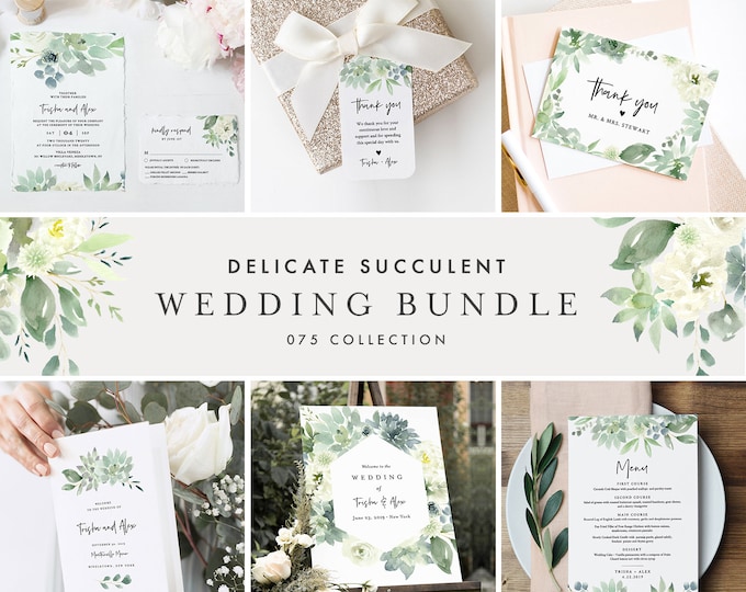 Delicate Succulent Wedding Bundle, Wedding Essential Templates, Invitation Suite, Editable Text, Instant Download, Templett #075-BUNDLE