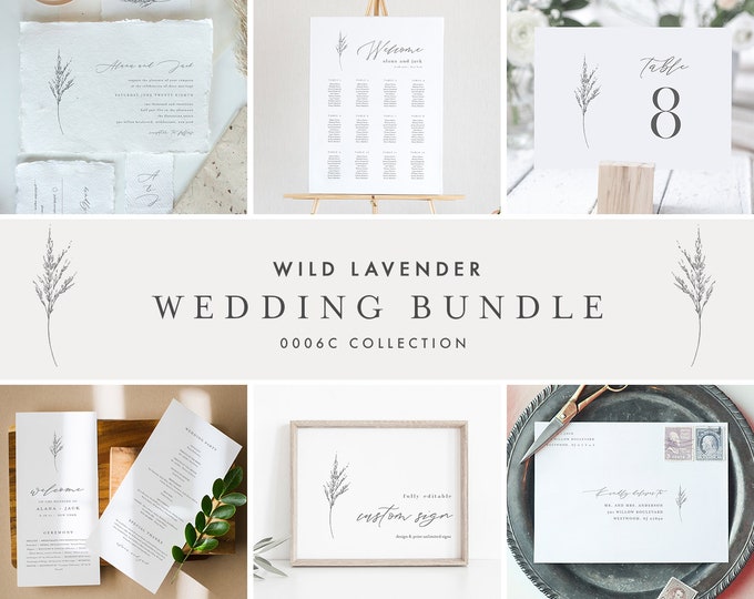 Lavender Wedding Bundle, Wildflower Invitation Suite + Wedding Essentials, Minimalist, 100% Editable Templates, Templett #0006C-BUNDLE