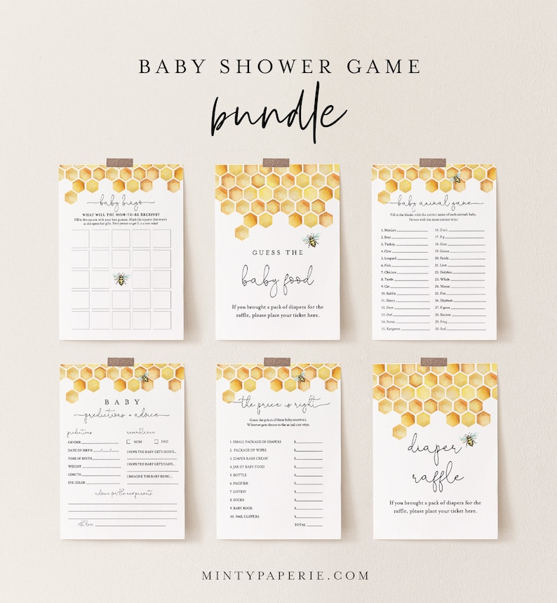 May include: A set of printable baby shower game cards with a honeycomb pattern and bee illustrations. The games include "Baby Bingo", "Guess the Baby Food", "Baby Animal Game", "Baby Predictions & Advice", "The Price is Right", and "Diaper Raffle".