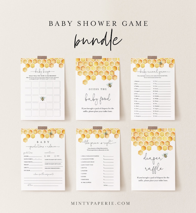 Baby Shower Game Bundle, Honey Bee, Honeycomb, Editable Templates, Personalize Questions, Instant Download, Printable, Templett 097BBGB afbeelding 1