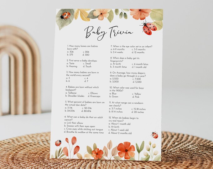 Baby Shower Trivia Game, Baby Trivia Game, Ladybug Baby Shower, Editable Template, Templett #0069-01BAG