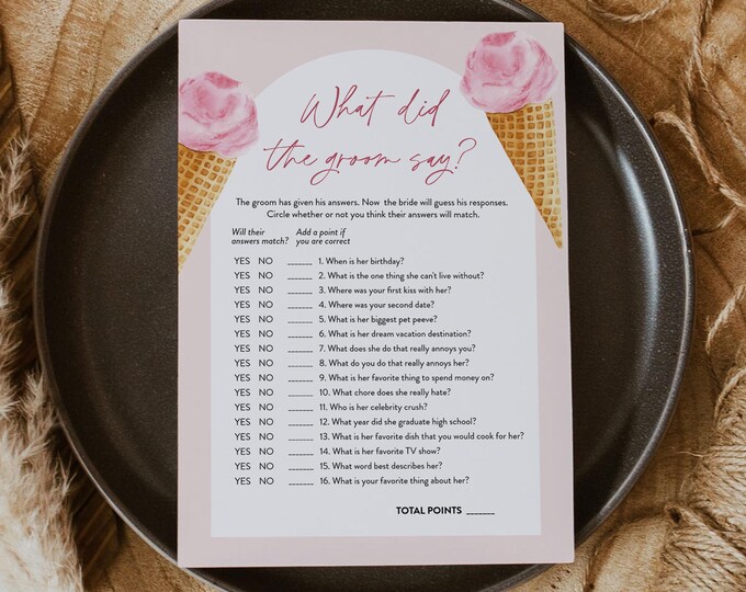 Ice Cream What Did the Groom Say, Sweet Summer Bridal Shower Game, Printable, Editable Template, Instant Download, Templett  #0035-08BRG