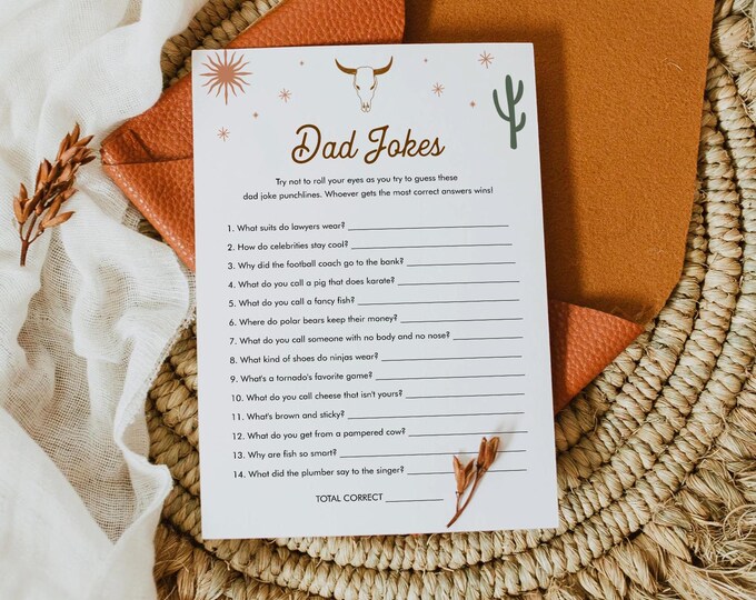 Funny Dad Jokes Baby Shower Game, Western Rodeo Baby Shower, Riddle, Trivia, Editable Template, Instant Download, Templett 5x7 #0040-03BAG
