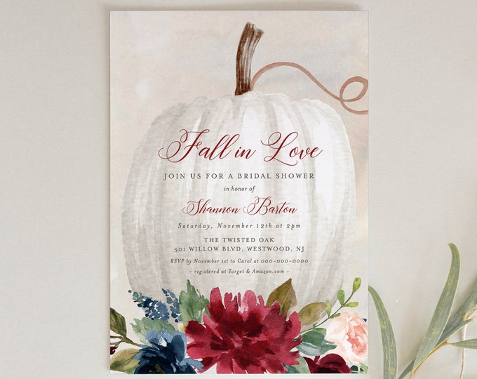 Editable Fall Bridal Shower Invitation Template, Printable Boho Pumpkin Wedding Shower Invite, Fall in Love, INSTANT DOWNLOAD #072A-198BS