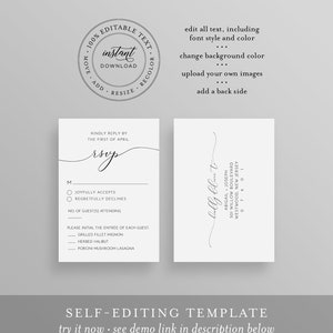 May include: Editable RSVP card template with a black and white design. The card features a handwritten RSVP text with a line underneath. The card includes a section for guests to indicate their attendance, a section for the number of guests attending, and a section for guests to choose their entree. The card also includes a section for the guest's name and address. The text on the card reads "Kindly reply by the first of April".