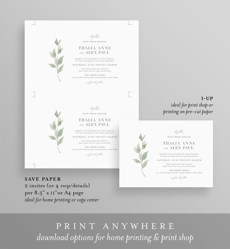 Minimalist Greenery Wedding Invitation, Delicate Whisper Laurels Wedding Invite, Editable Template, Instant Download, Templett 0004B2 image 5