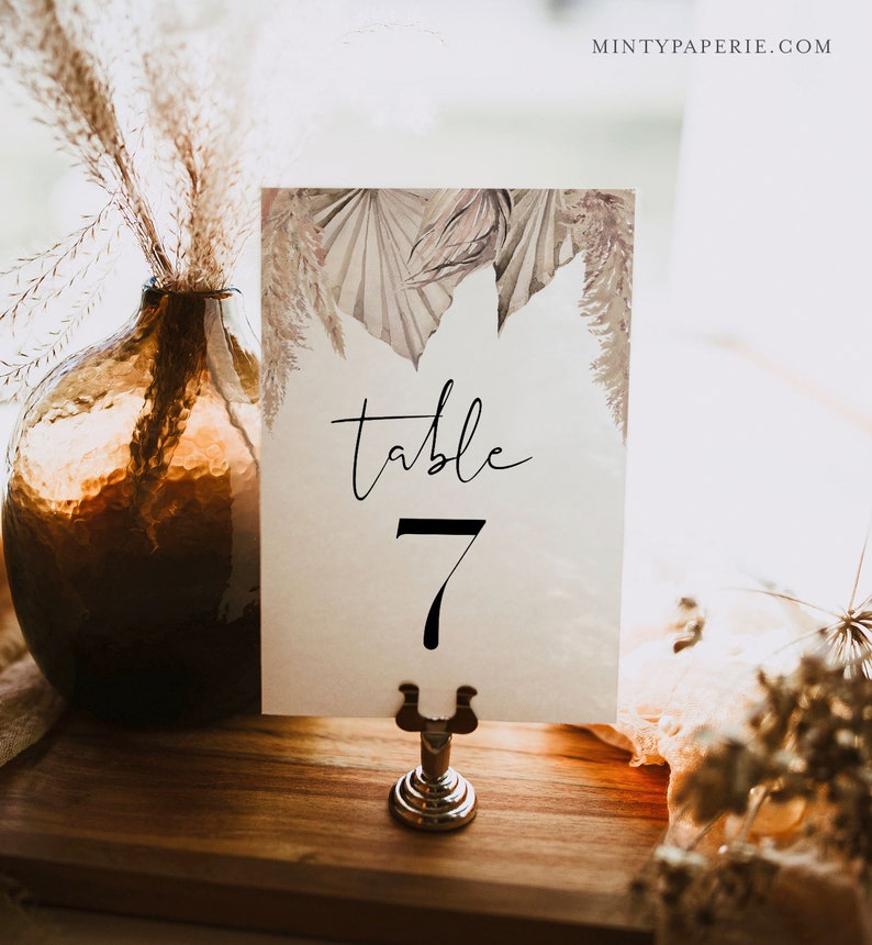 Bohemian Table Number Card Template, Boho Pampas Palm Wedding Table Number, Dried Foliage, Editable, Instant, Templett, DIY 4x6 0022-209TC image 4