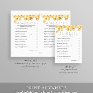 May include: Two printable game cards with a watercolor honeycomb pattern and a bee illustration. The cards feature the text "Do I know the bride best?" and a list of questions about the bride. The cards are designed for a bridal shower game.