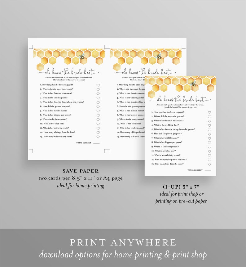 May include: Two printable game cards with a watercolor honeycomb pattern and a bee illustration. The cards feature the text "Do I know the bride best?" and a list of questions about the bride. The cards are designed for a bridal shower game.