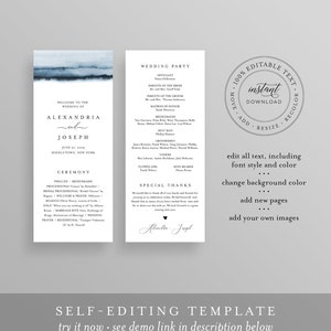 May include: A wedding program template with a blue watercolour design. The program includes the names of the bride and groom, wedding party details, and ceremony order. The text is editable and downloadable.