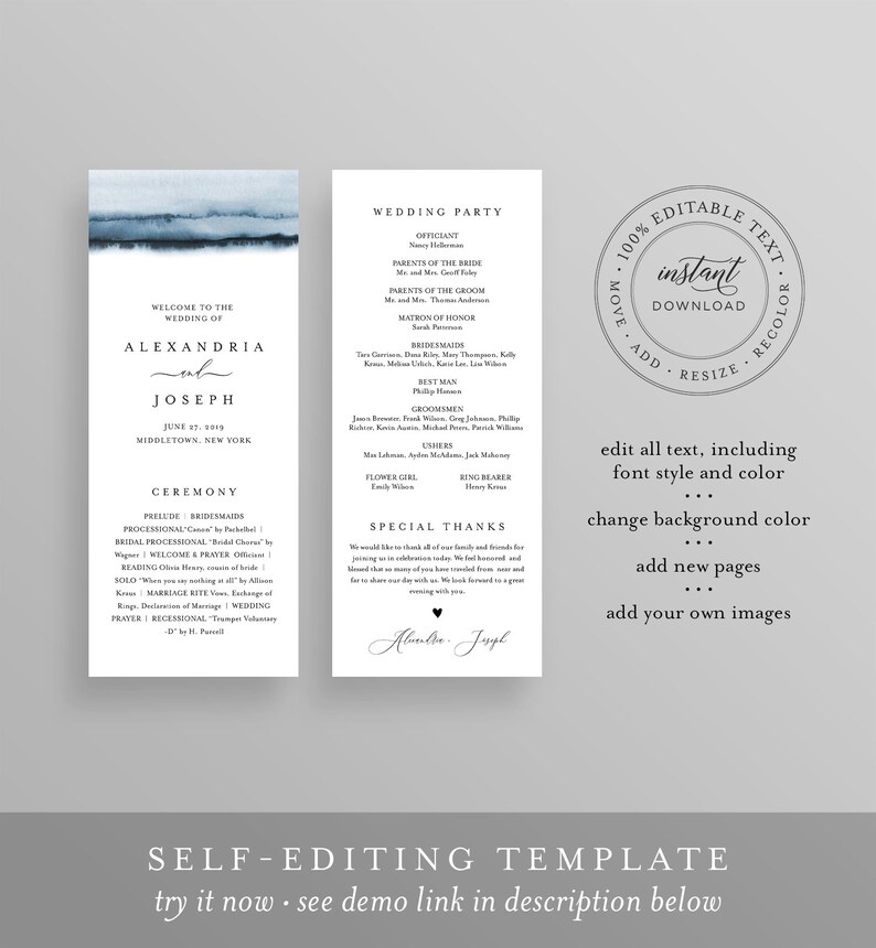 May include: A wedding program template with a blue watercolour design. The program includes the names of the bride and groom, wedding party details, and ceremony order. The text is editable and downloadable.
