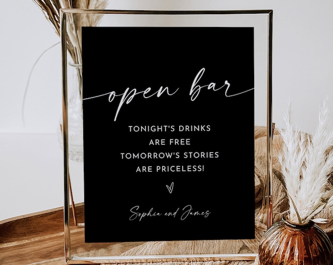 Open Bar Sign Template, Printable Classic Black Wedding Bar Sign, Editable, Instant Download, Alcohol, Drinks, Templett, 8x10 #0034B-20S
