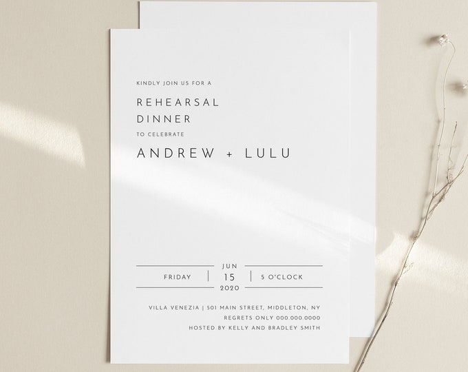 Minimalist Rehearsal Dinner Invitation Template, Modern Simple Rehearsal Invite, 100% Editable, Instant Download, Templett, DIY #094-149RD