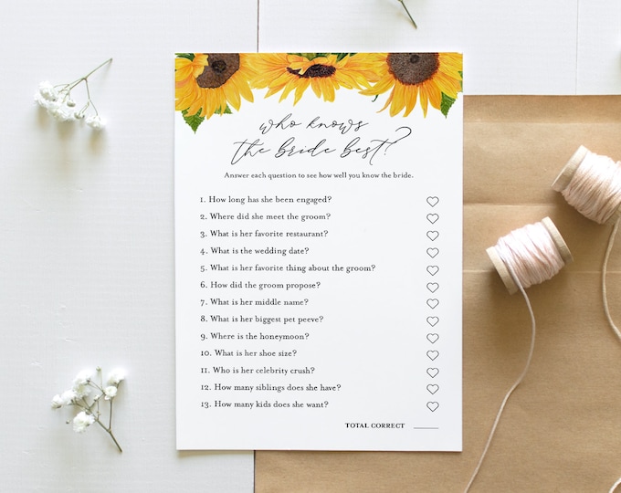 Who Knows the Bride Best Bridal Shower Game, Printable Sunflower Bridal Shower, Editable Template, Instant Download, Templett #0010-320BG