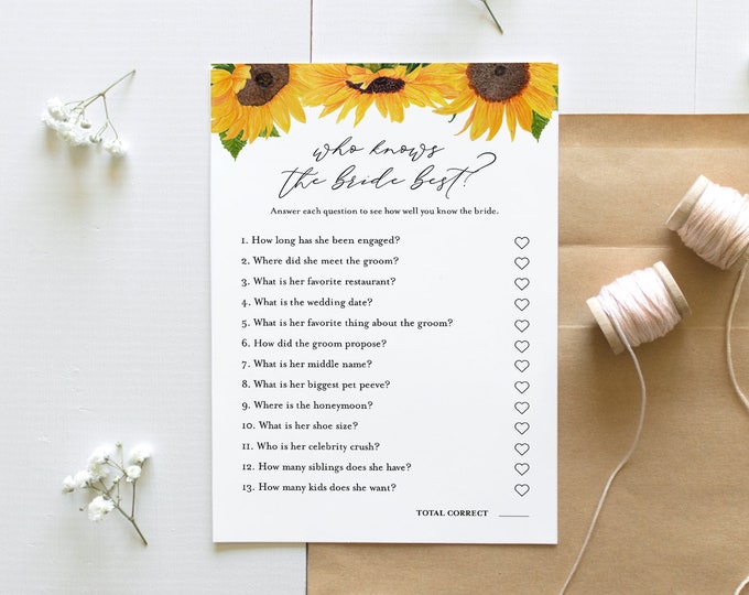 Who Knows the Bride Best Bridal Shower Game, Printable Sunflower Bridal Shower, Editable Template, Instant Download, Templett #0010-320BG