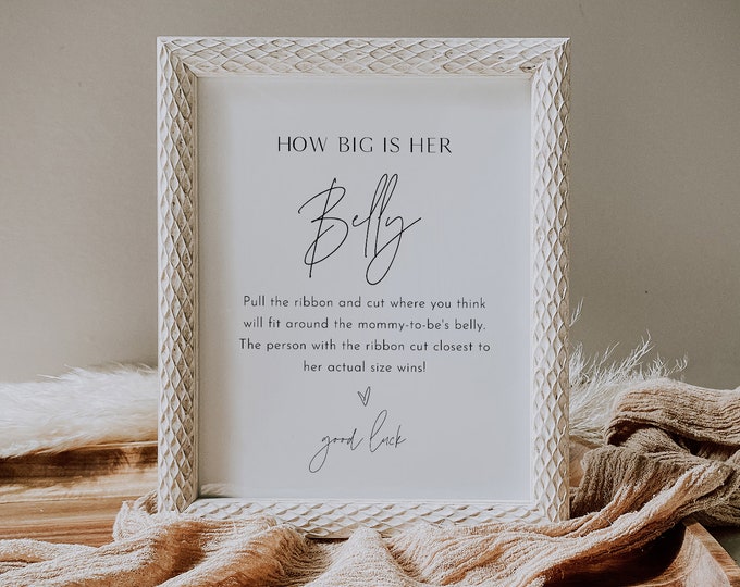 How Big Is Her Belly Game, Minimalist Baby Shower Sign, Ribbon, 100% Editable Template, Printable, Instant Download, Templett #0026B-324BASG