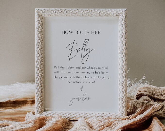 How Big Is Her Belly Game, Minimalist Baby Shower Sign, Ribbon, 100% Editable Template, Printable, Instant Download, Templett #0026B-324BASG