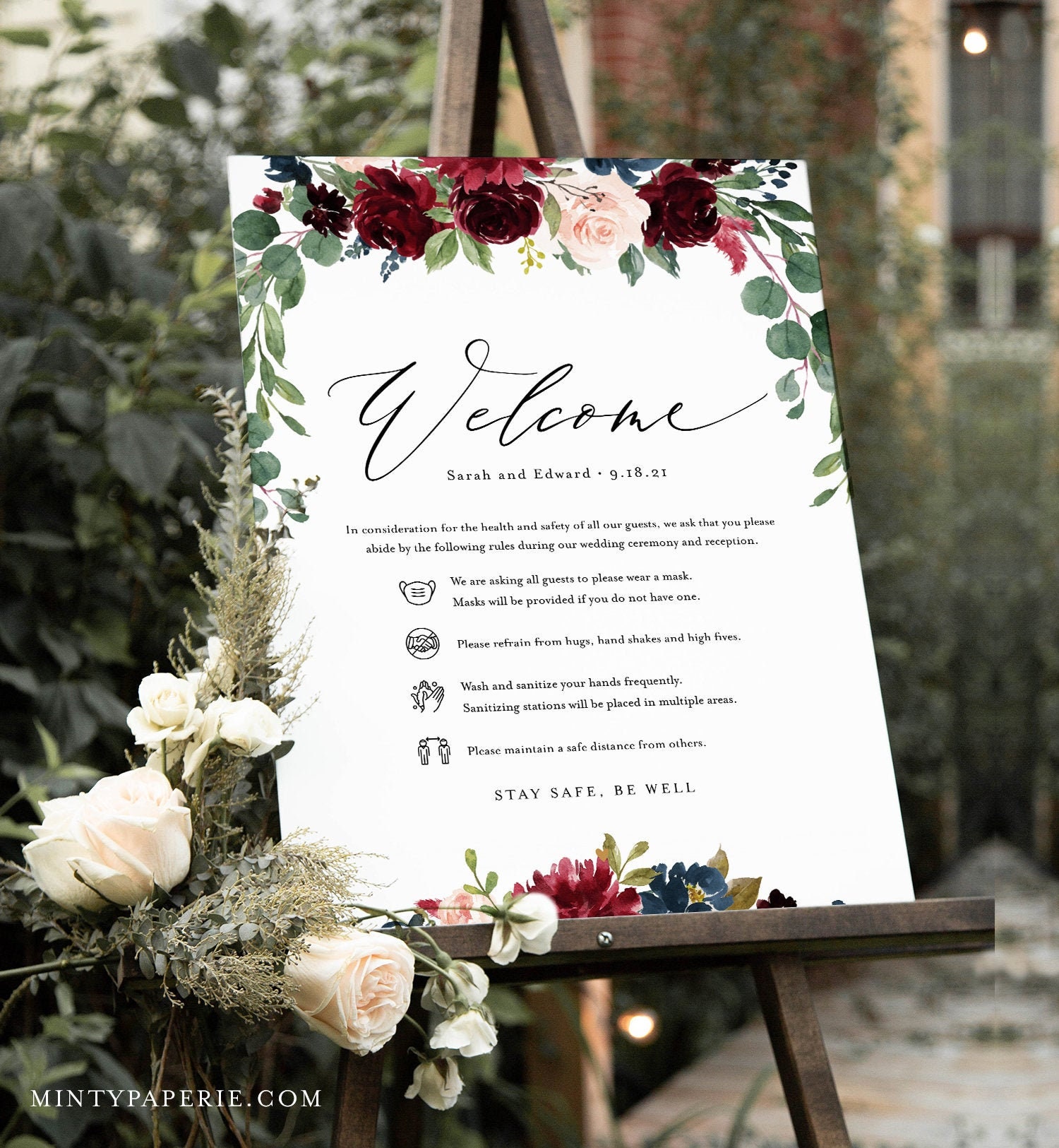 Covid Wedding Welcome Sign Safety Guidelines Social Distance Rules Burgundy Floral Bridal Shower Instant Download Templett 062 120cvw