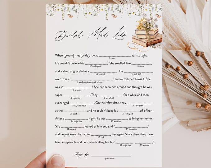 Mad Libs Bridal Shower Game, Wildflower Book New Chapter Bridal Shower Funny Game, Instant Download, Templett, 5x7 #0066-09BRG