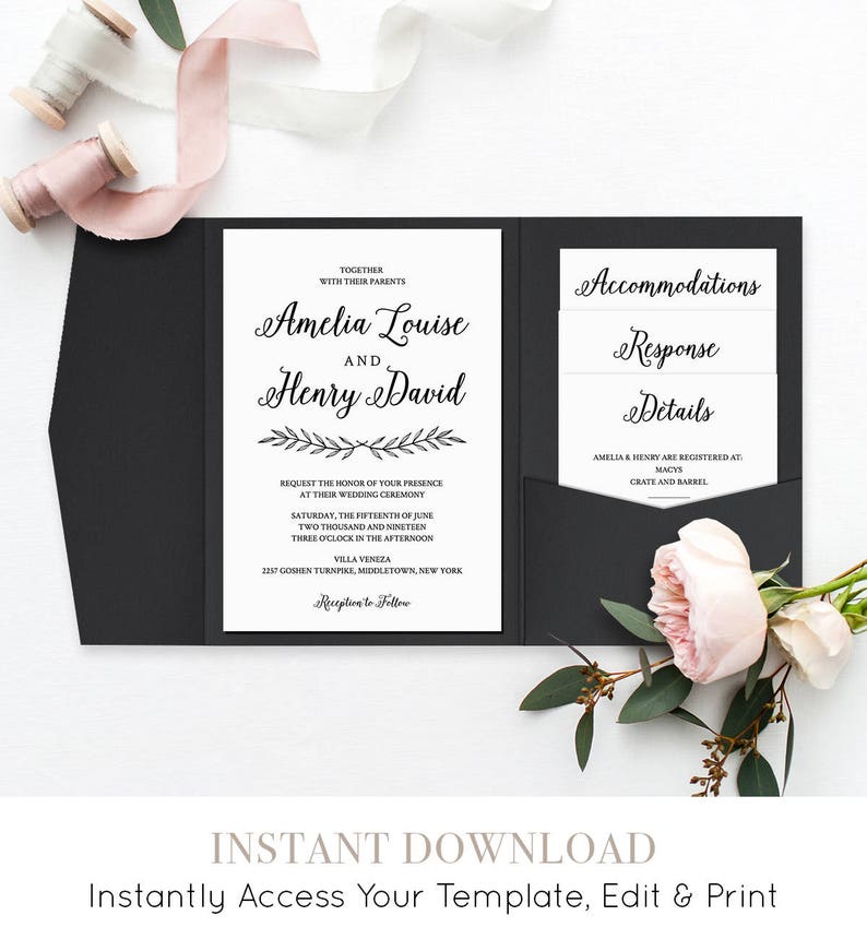 Wedding Invitation Set, Pocket Fold, Printable Calligraphy Invite & Enclosure Cards, Instant Download, 100% Editable Template, Templett 012 image 1