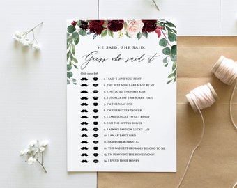 He Said She Said, Guess Who Said It, Editable Bridal Shower Game, Wedding Shower DIY Game, INSTANT DOWNLOAD, Personalize Question #062-128BG