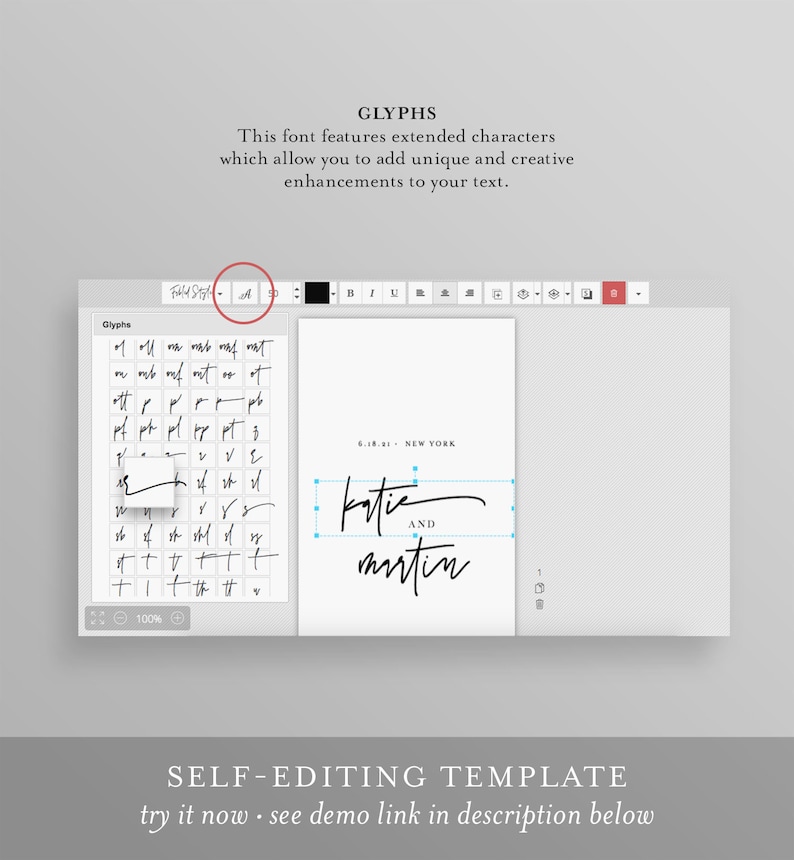 May include: A screen shot of a computer program showing a font editing tool. The tool has a grid of glyphs, or characters, for the font. The text "katie and martin" is shown in the font, along with the date "6.18.23" and the location "NEW YORK".