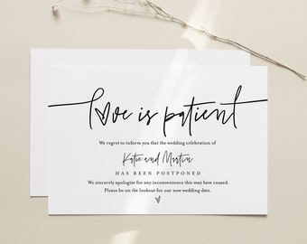 Love is Patient Postcard, Minimalist Postponed Wedding Date Announcement Template, 100% Editable, Instant Download, Templett, 4x6 0009-124PA