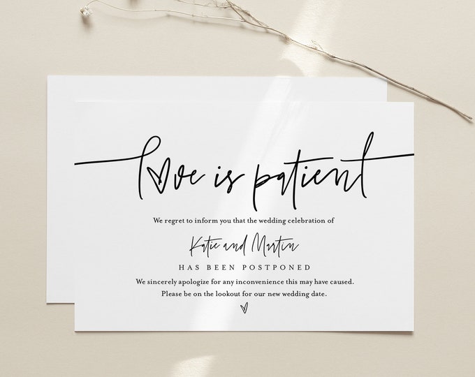 Love is Patient Postcard, Minimalist Postponed Wedding Date Announcement Template, 100% Editable, Instant Download, Templett, 4x6 0009-124PA