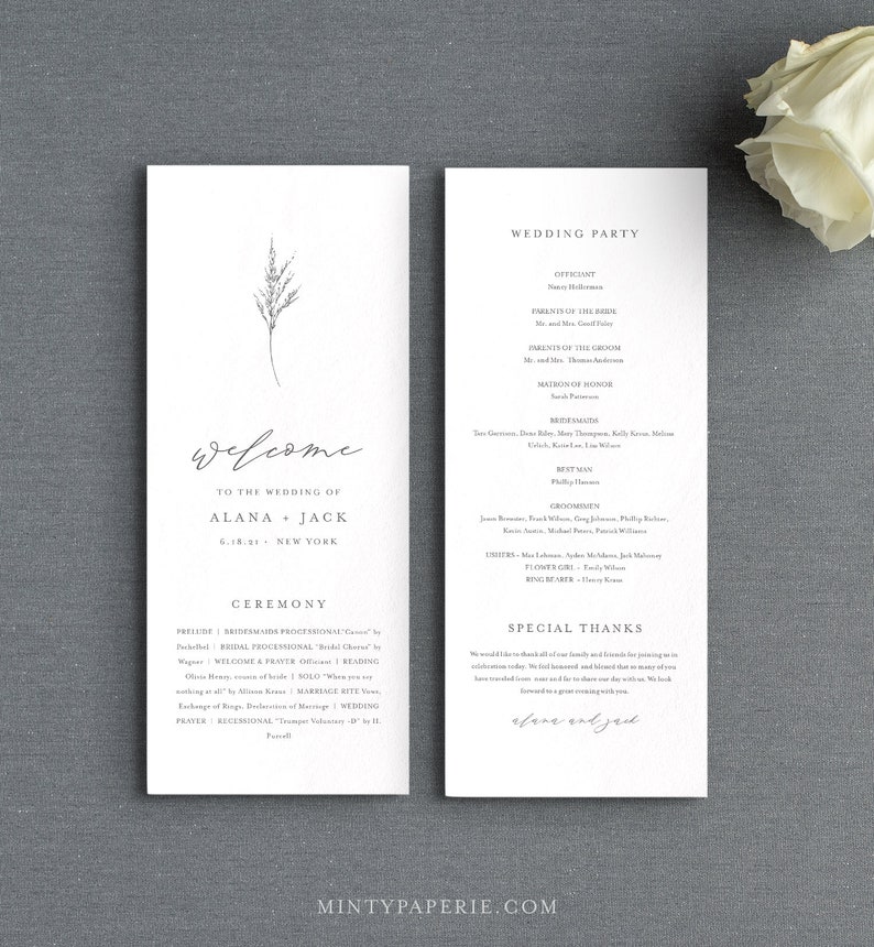May include: A wedding ceremony program with a simple design featuring a single sprig of grass. The program includes the names of the wedding party, the officiant, and the order of the ceremony. The text "Welcome to the wedding of Alana + Jack 6.18.21 New York" is printed at the top of the program.