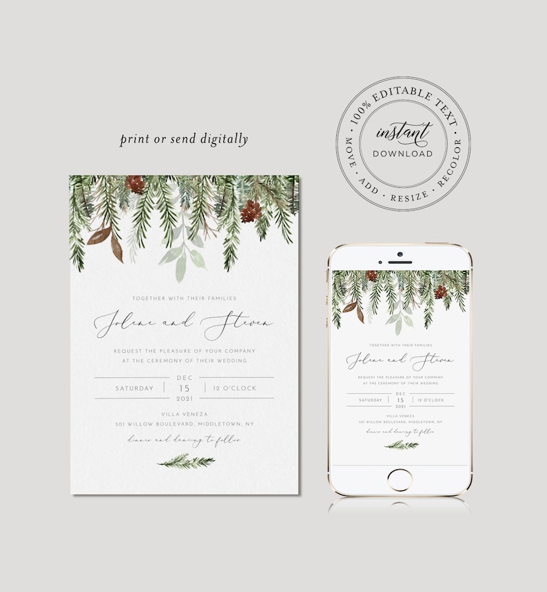 Templett #0017 Christmas Instant Download Detail RSVP Winter Wedding Invitation Set Minimalist Pine Wedding Invite Editable Template