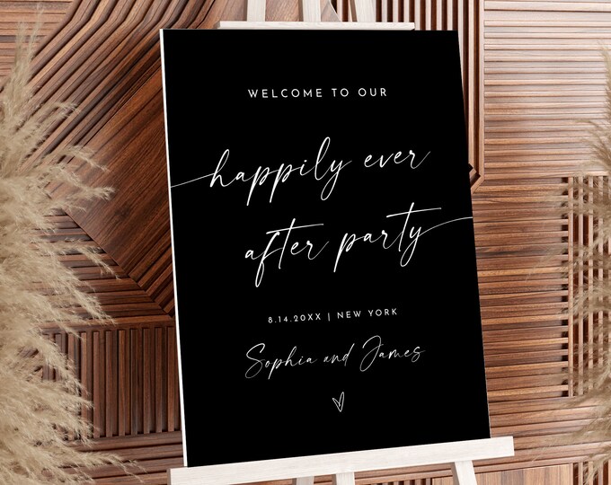 Happily Ever after Party Welcome Sign, Classic Black Wedding Sign, Bridal Shower, Editable Template, Templett, 18x24, 24x36 #0034B-327LS