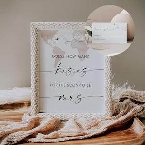 Juego de despedida de soltera "Cuántos besos", juego de besos de Hershey, mapa del mundo para despedida de soltera, letrero y boleto, descarga instantánea #0039-29BRG