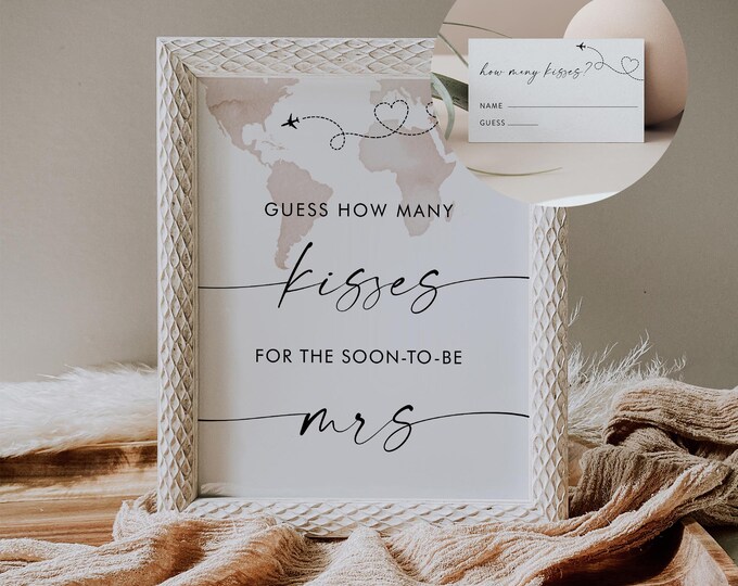 How Many Kisses Bridal Shower Game, Hershey Kisses Game, World Map Travel Bridal Shower, Sign & Ticket, Instant Download #0039-29BRG