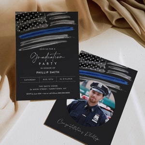 Graduation Party Invitation, Printable Police, Law Enforcement Grad Invite, American Flag, Thin Blue Line, Editable Template #0037-106GA