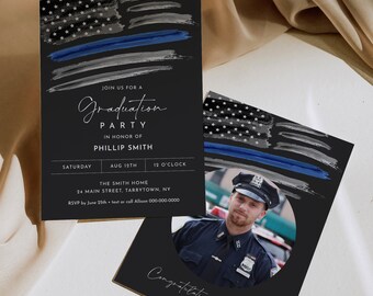 Graduation Party Invitation, Printable Police, Law Enforcement Grad Invite, American Flag, Thin Blue Line, Editable Template #0037-106GA