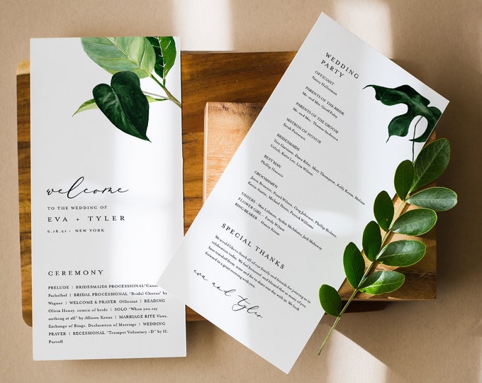 Minimalist Tropical Wedding Program Template, Printable Order of Service, Elegant, Modern, Instant Download, Editable, Templett #0012-247WP