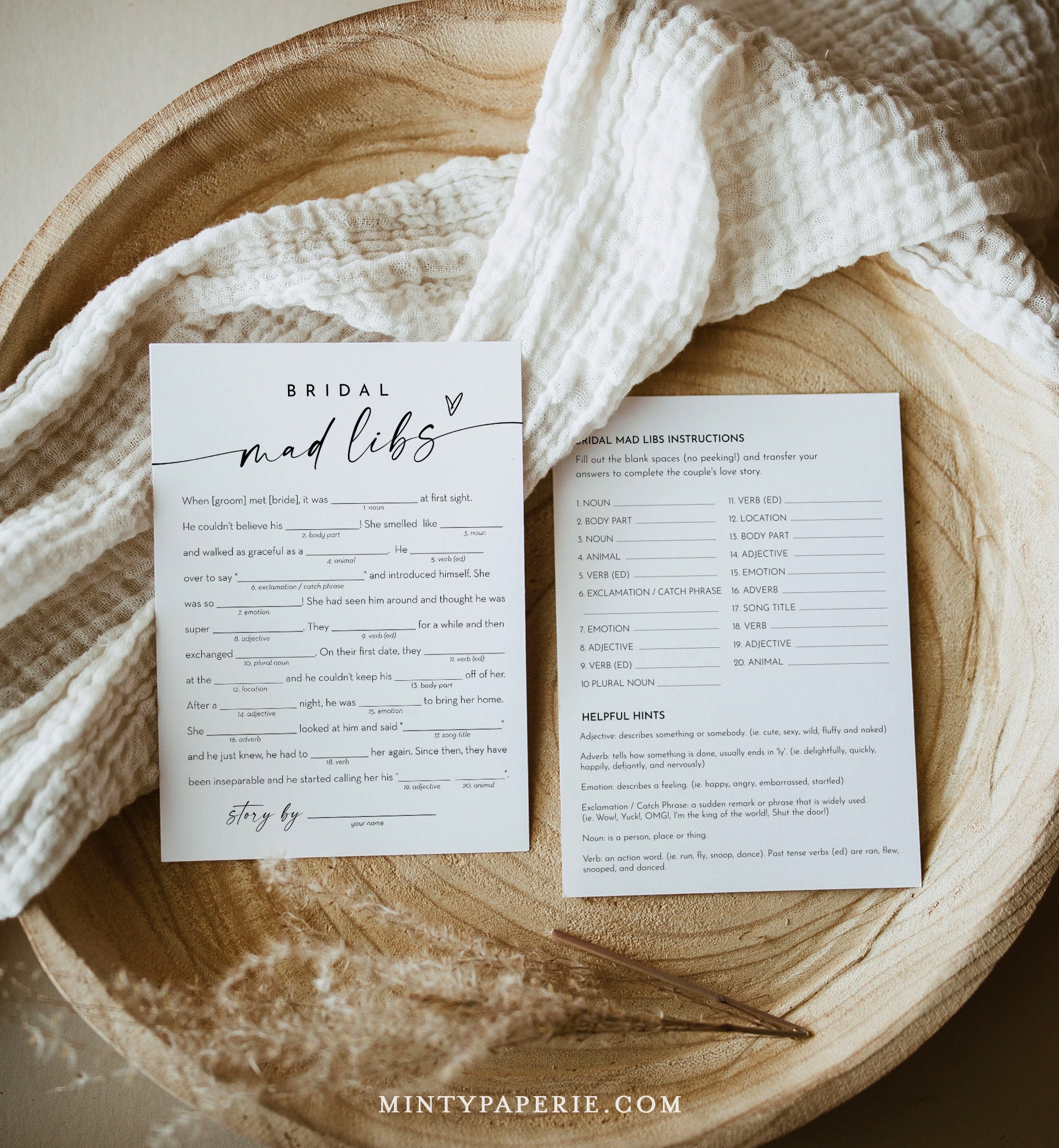 Mad Libs Bridal Shower Game Template, Printable Minimalist Bridal