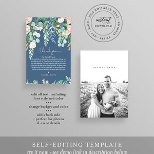 May include: Editable wedding thank you card template with a blue background and watercolor floral design. The text says "thank you" and includes a sample message. The second card shows a black and white photo of a couple with a dog. The text says "100% Editable Text, Instant Download, Move, Add, Resize, Recolor, Eloise & David".