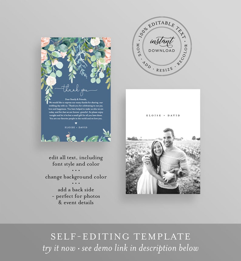May include: Editable wedding thank you card template with a blue background and watercolor floral design. The text says "thank you" and includes a sample message. The second card shows a black and white photo of a couple with a dog. The text says "100% Editable Text, Instant Download, Move, Add, Resize, Recolor, Eloise & David".